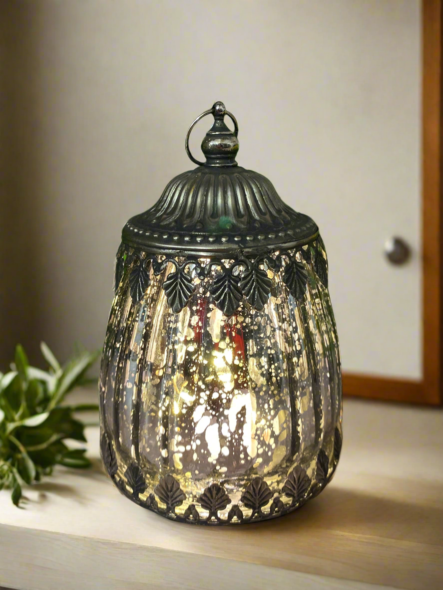 Lanterne en verre LED de style marocain motif effet antique gris avec lumières incluses décoration de la maison cadeau 15 cm