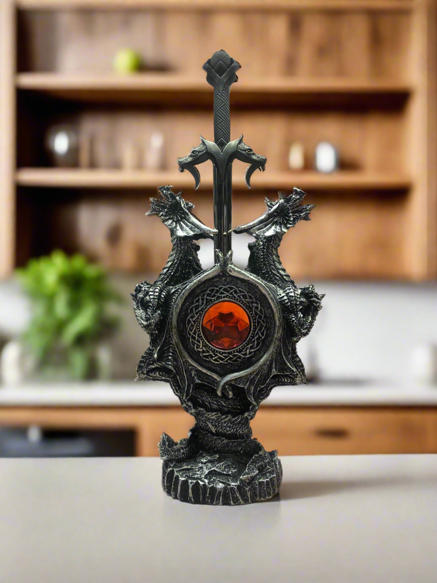 Majestätischer Drachenschild-Brieföffner mit purpurroter Kugel – handgefertigtes Schreibtisch-Accessoire aus Harz – gotische Bürodekoration, 28 cm, verzaubertes Fantasy-Schwert