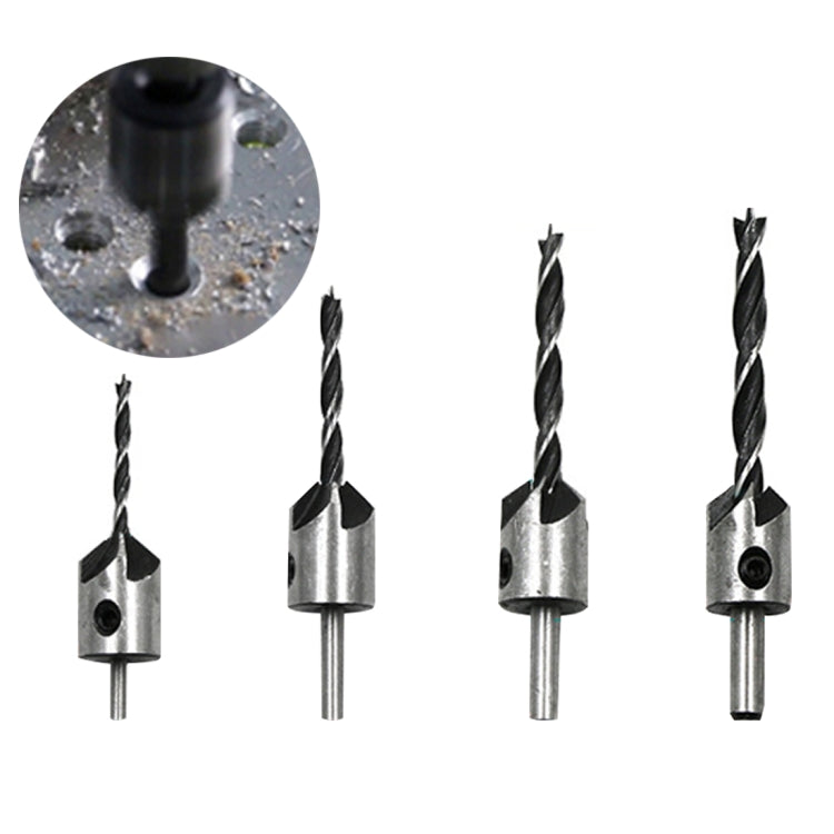 4 in 1 Woodworking Countersink Chamfer Three-Pointed High-Speed Steel Drill Bits Set, 3-6mm, 4 PCS/Set