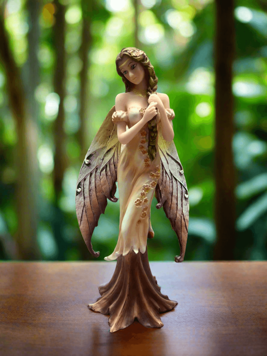 Enchanted Autumn Fairy Statue, Graceful Figurine with Golden Wings, Elegant Fantasy Decor, Mystical Forest Nymph, Hand-Painted Collectible