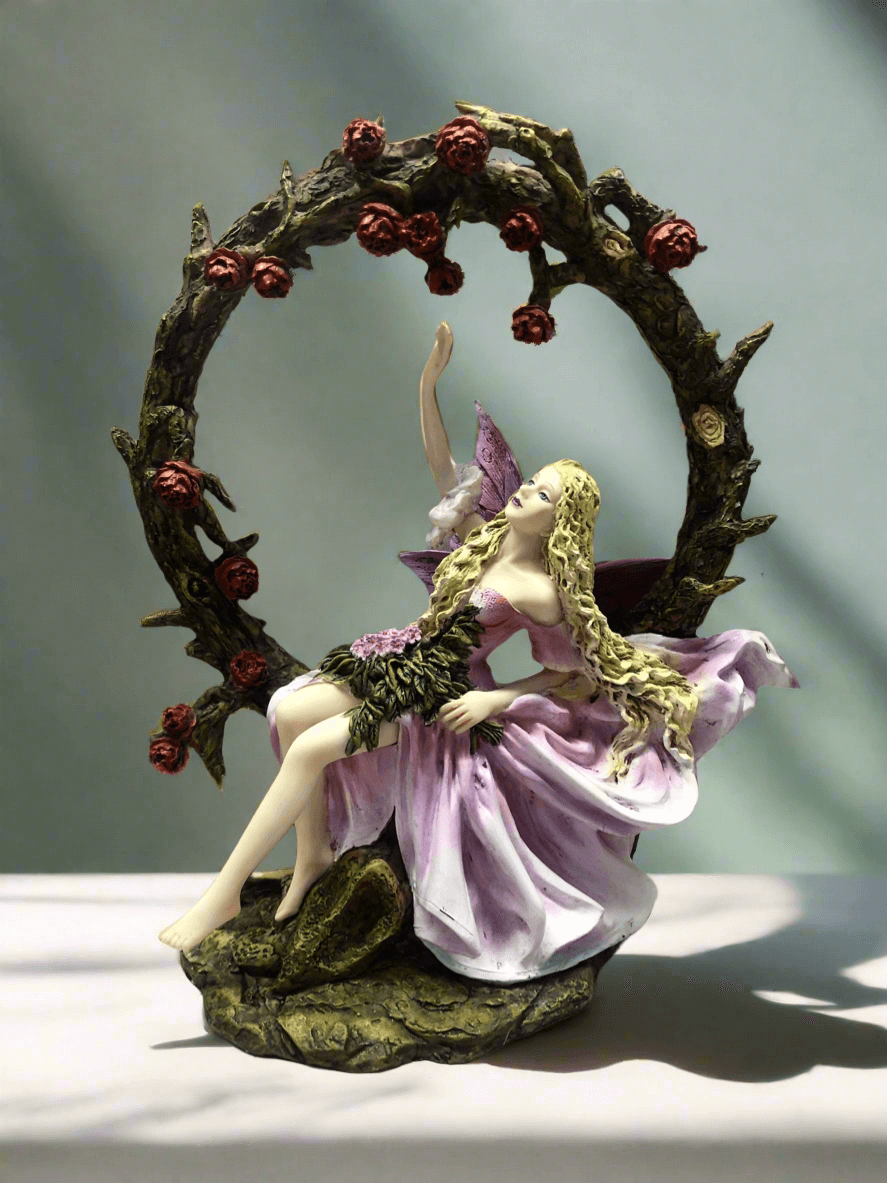 Grande statue de sculpture de fée des fleurs au repos, créatures mythiques, figurine ornementale