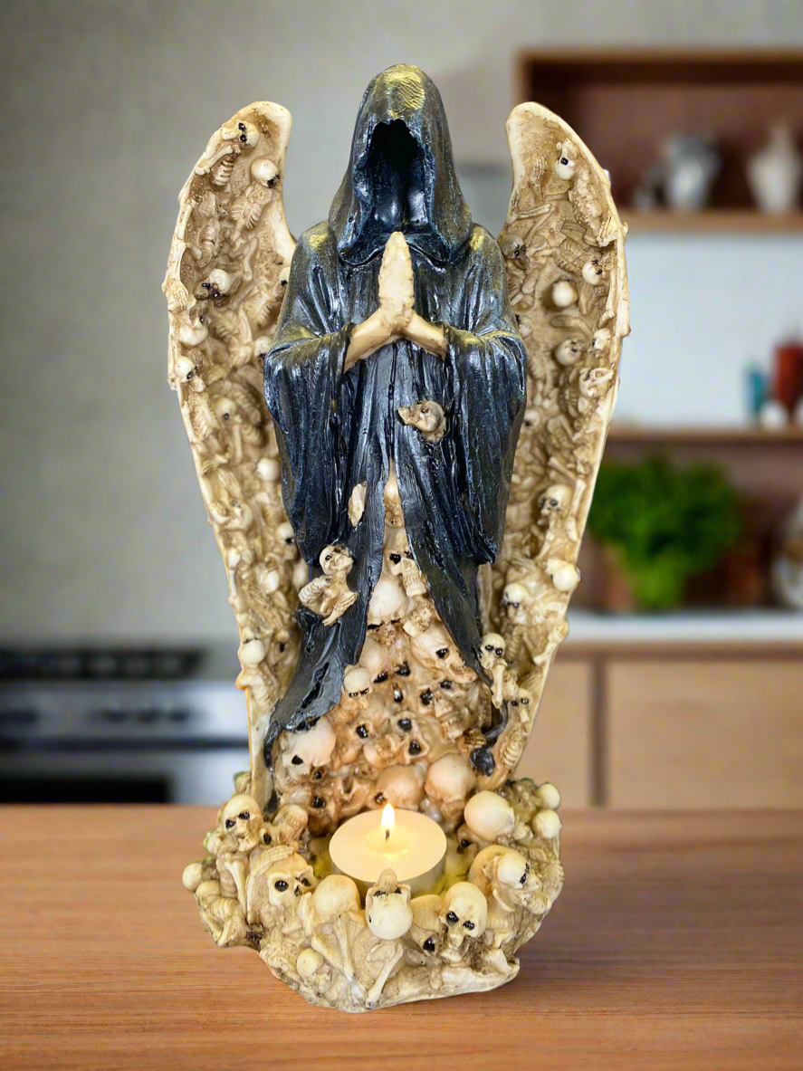 Gothic Praying Reaper Tea Light Holder - Dark Halloween Decor - Mysterious Home Accent - Resin Statue, 28x17cm