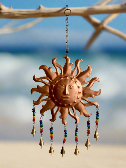 Handcrafted Copper Sun Wind Chime Wall Hanging with Colourful Beads and Bells – 60 x 35 cm Boho Decor Boho Decor Wall Art