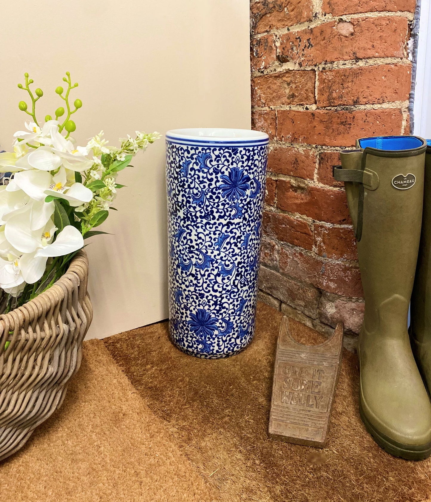 White With Blue Floral Print Umbrella Stand