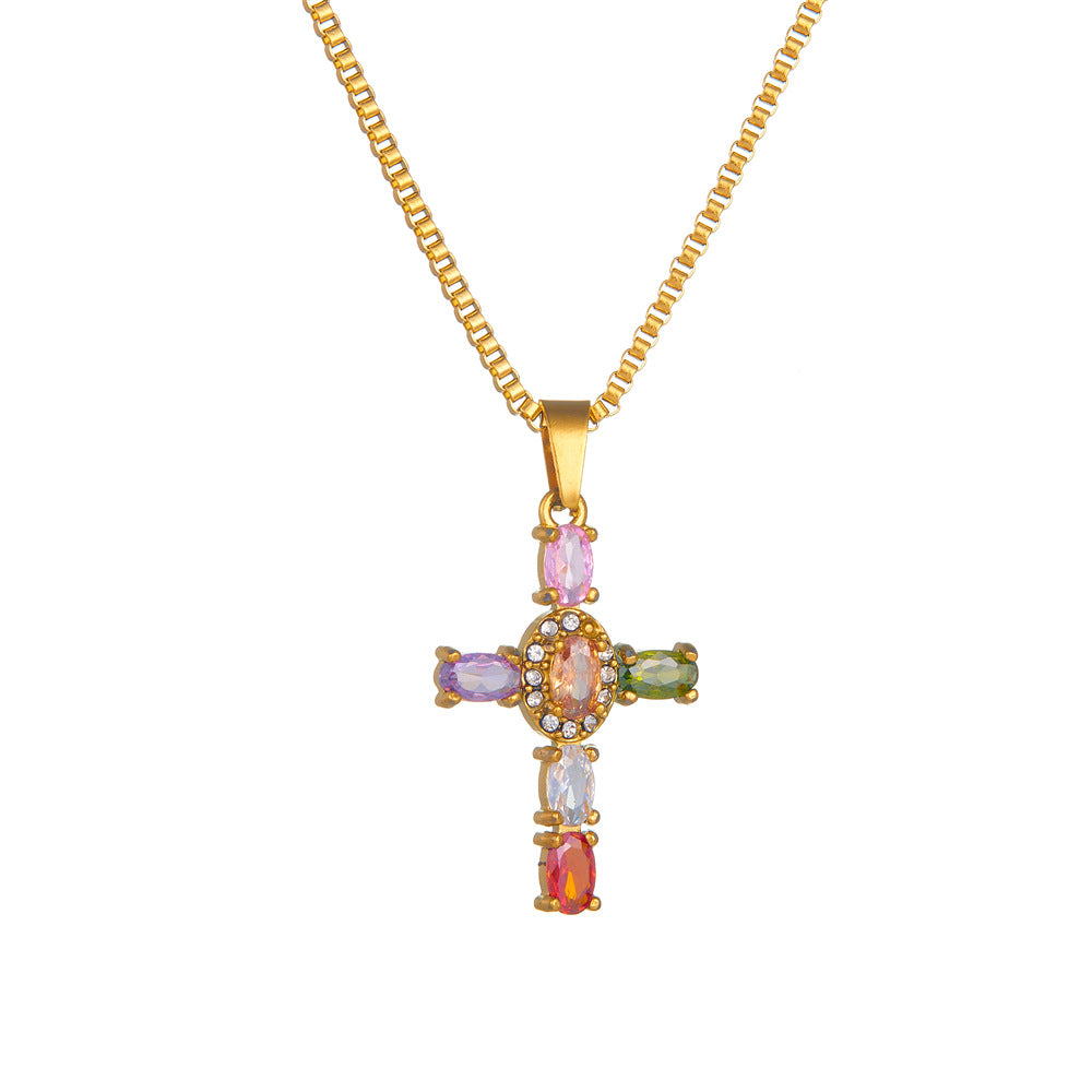 Colorful Crystals Titanium Steel Cross Necklace