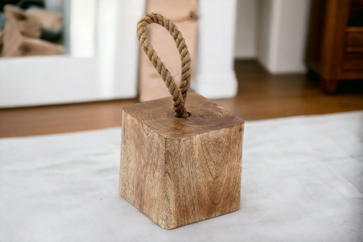 Mango Wood Doorstop With Rope Handel 15cm