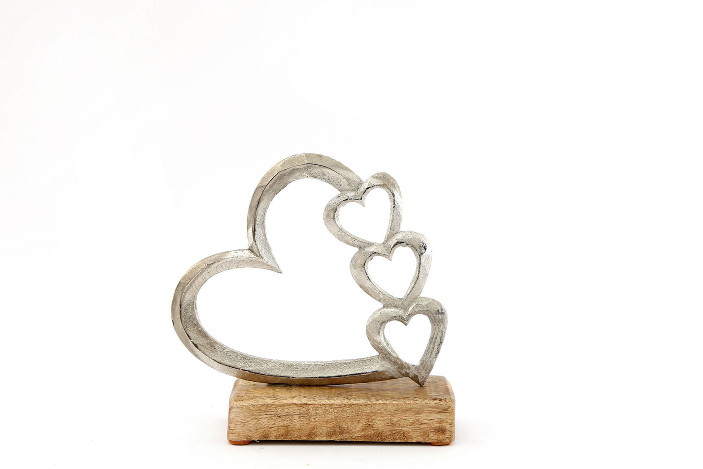 Metal Silver Four Heart Ornament On A Wooden Base Small