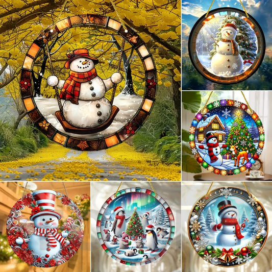 Christmas Snowman Acrylic Round Sign,Translucent Hanging Plate,Holiday Gifts for Friends,Wall Decor for Window,Home,Bar,cafe,pub