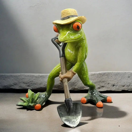 Gardening Frog Figurine Holding Shovel Green Frog Resin Statue Farmer Animal Sculpture Decoration Indoor Outdoor Garden Ornament