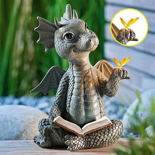 Garden Reading Book Little Dragon Sculpture Cute Dragon Statues Resin Dragon Sculptures Art Ornament for Lawn Yard Home Decor