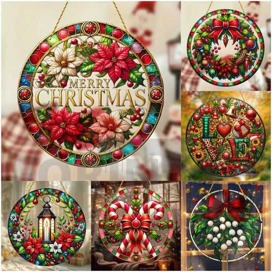 Classic Christmas Festive Wreath Acrylic Suncatcher-Round Translucent Hanging Ornament Sign-Home,Party,Bar,cafe,pub,window Decor