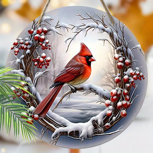 1pc 2D Cardinalis Christmas Red Berry Bird Cardinal Xmas Wood Porch Wreath Christmas Remembering Loved Ones Hanging Print Decor