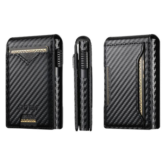 The Suteni carbon fiber pattern button automatically pops out the veneered printed card box