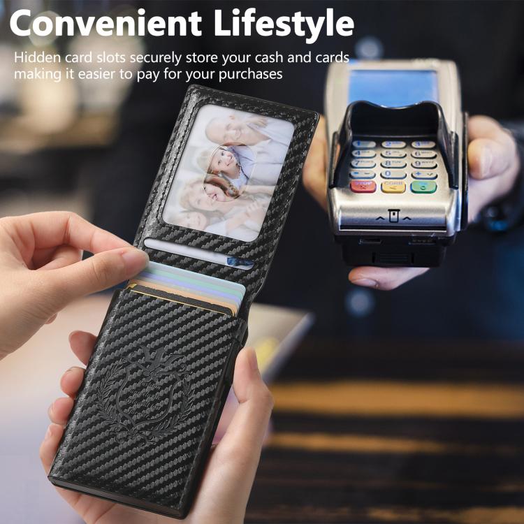 The Suteni carbon fiber pattern button automatically pops out the veneered printed card box