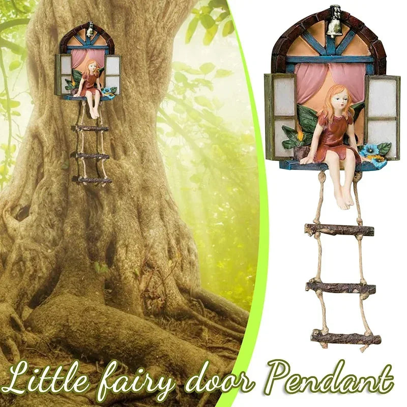 Window Ladder Resin Statue Figurine Fairy House Tree Hanging Sculpture Outdoor Ornament for Home Garden Supplies Yard Art Decor