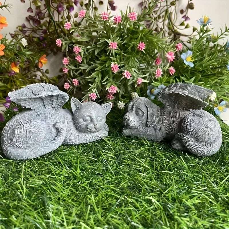 Angel Dog and Cat Memorial Stone Statue Pet Memorial Stone Memorial Tombstone Garden Decoration Resin Sculpture Ornament