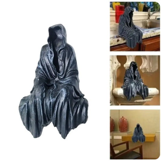 Horror Black Robed Night Walker Gothic Sitting Garden Sculpture Black Clothes Mysterious Master Ornament Reaper Sitting Statue