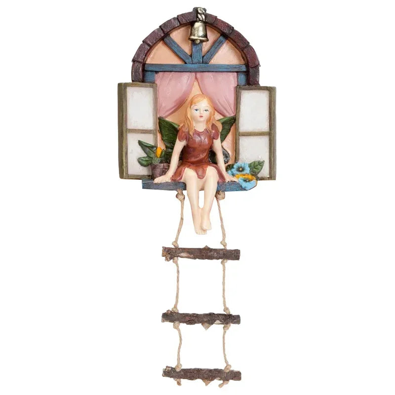 Window Ladder Resin Statue Figurine Fairy House Tree Hanging Sculpture Outdoor Ornament for Home Garden Supplies Yard Art Decor