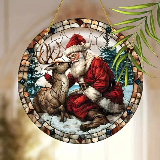1pc Santa Claus Christmas Stained Glass Door Hanger Window Hanging Pendant Suncatcher Window Decor for Mom Grandma Wife Teacher
