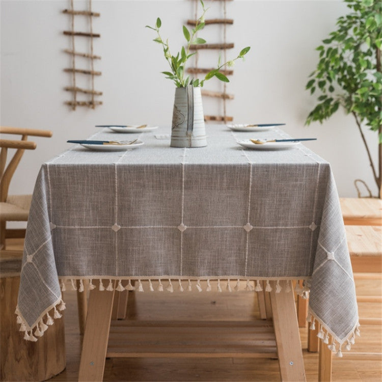 Square Lattice Embroidered Tablecloth Pure Color Cotton Linen Tassel Rectangular Coffee Table Mat, 60x60cm, 90x90cm, 90x140cm, 110x110cm