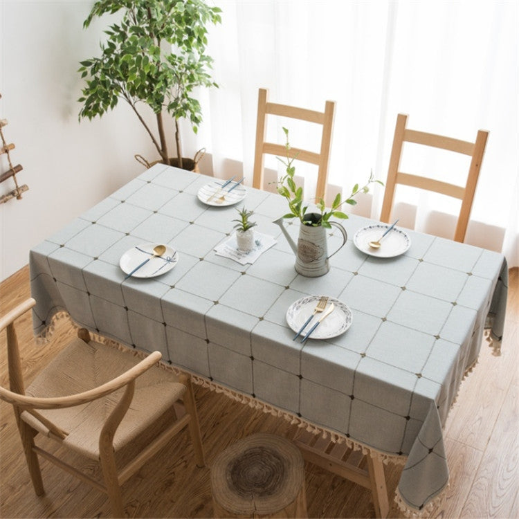 Square Lattice Embroidered Tablecloth Pure Color Cotton Linen Tassel Rectangular Coffee Table Mat, 60x60cm, 90x90cm, 90x140cm, 110x110cm