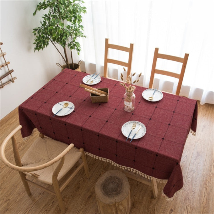 Square Lattice Embroidered Tablecloth Pure Color Cotton Linen Tassel Rectangular Coffee Table Mat, 60x60cm, 90x90cm, 90x140cm, 110x110cm