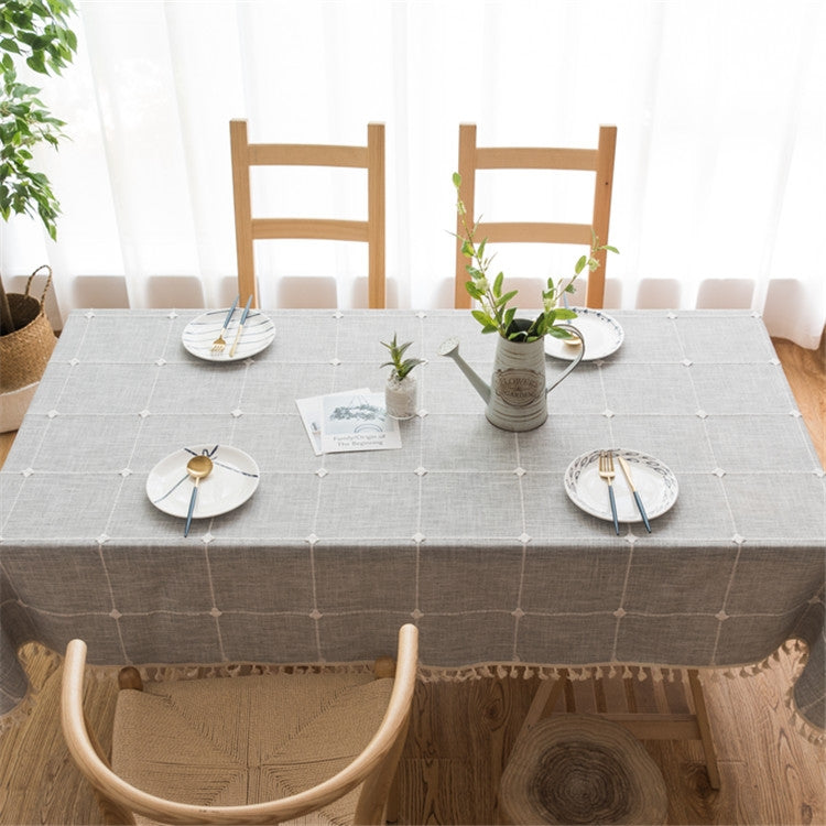 Square Lattice Embroidered Tablecloth Pure Color Cotton Linen Tassel Rectangular Coffee Table Mat, 140x200cm, 140x220cm, 140x240cm, 140x260cm