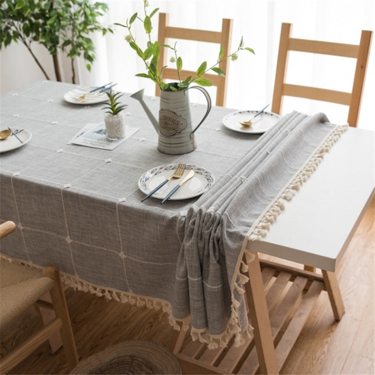 Square Lattice Embroidered Tablecloth Pure Color Cotton Linen Tassel Rectangular Coffee Table Mat, 140x200cm, 140x220cm, 140x240cm, 140x260cm