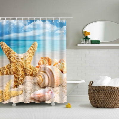 Colorful Beach Conch Starfish Shell Polyester Washable Bath Shower Curtains, 180X200cm