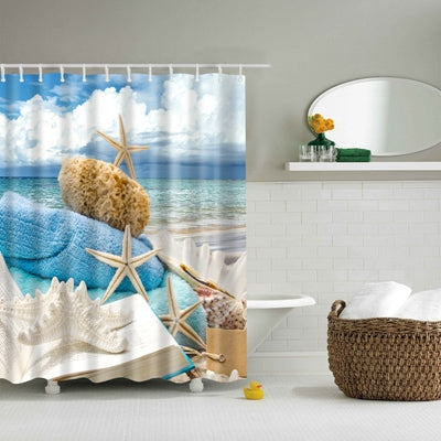 Colorful Beach Conch Starfish Shell Polyester Washable Bath Shower Curtains, 180X200cm