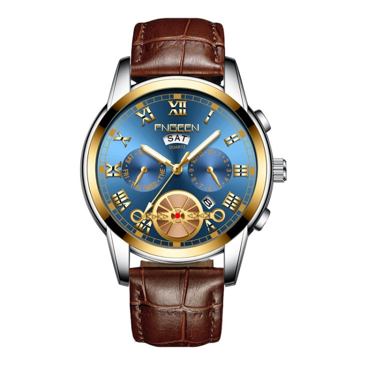 FNGEEN 4001 Men Non-Mechanical Watch Multi-Function Quartz Watch, Gold White Surface, Brown Leather Gold Blue Surface, Brown leather Gold White Surface, Gold Black Surface Gold Nails, White Steel Black Surface White Nails