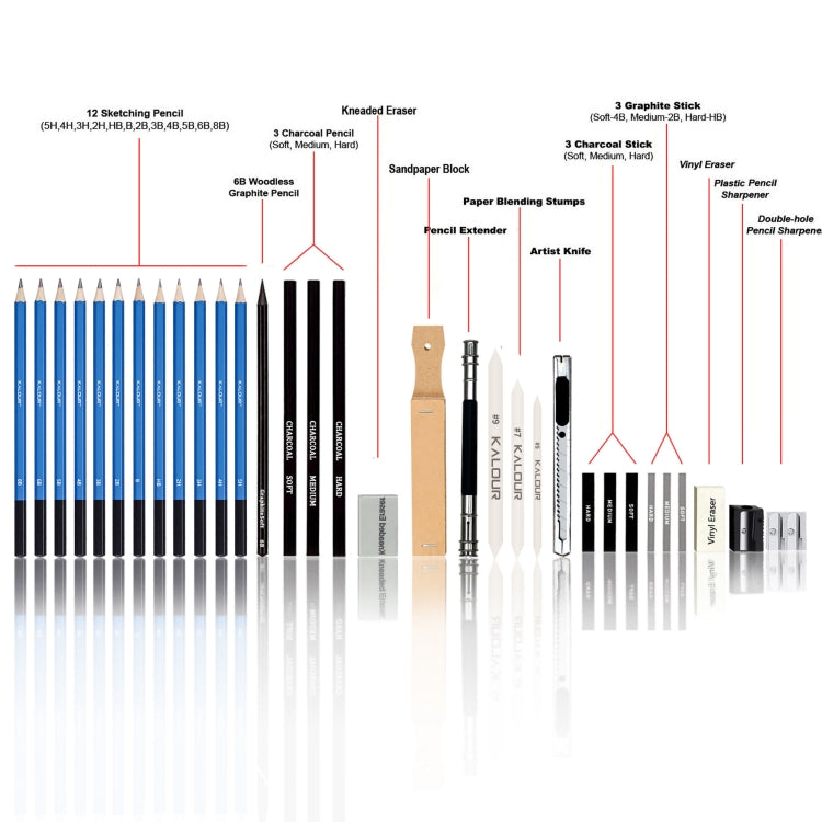 KALOUR 33 in 1 Sketch Pencil Set Beginner Brush Art Supplies, 33 in 1