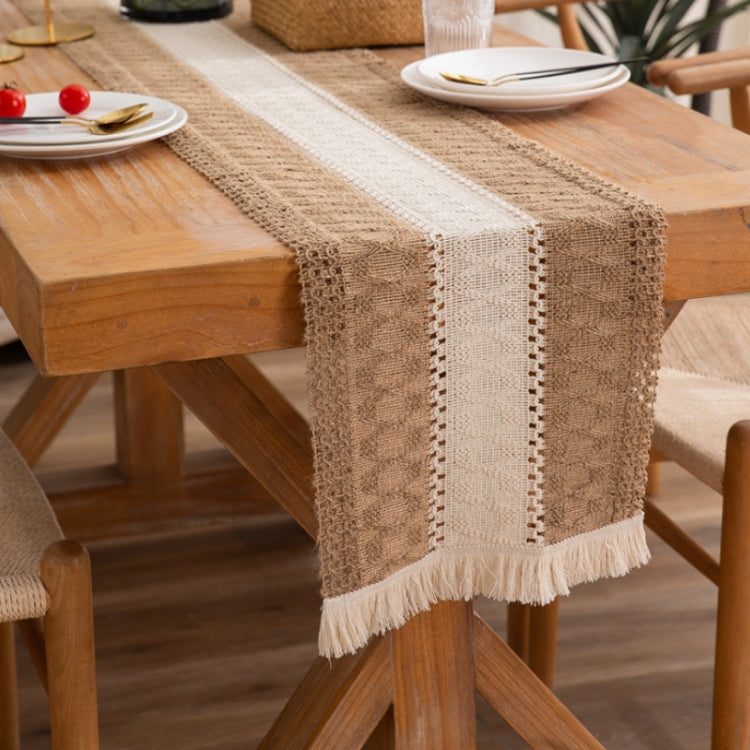 Cotton and Linen Woven Colorblock Tassel Striped Rhombus Table Runner, 30x120cm, 30x140cm, 30x160cm, 30x180cm, 30x200cm, 30x220cm