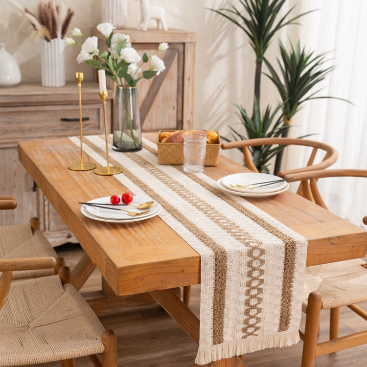 Cotton and Linen Woven Colorblock Tassel Striped Rhombus Table Runner, 30x120cm, 30x140cm, 30x160cm, 30x180cm, 30x200cm, 30x220cm
