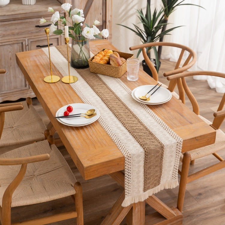 Cotton and Linen Woven Colorblock Tassel Striped Rhombus Table Runner, 30x120cm, 30x140cm, 30x160cm, 30x180cm, 30x200cm, 30x220cm