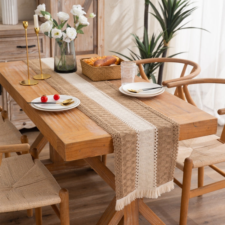 Cotton and Linen Woven Colorblock Tassel Striped Rhombus Table Runner, 30x120cm, 30x140cm, 30x160cm, 30x180cm, 30x200cm, 30x220cm
