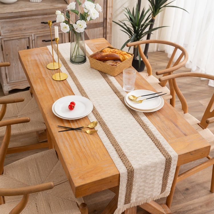 Cotton and Linen Woven Colorblock Tassel Striped Rhombus Table Runner, 30x240cm, 30x275cm, 30x300cm, 30x50cm