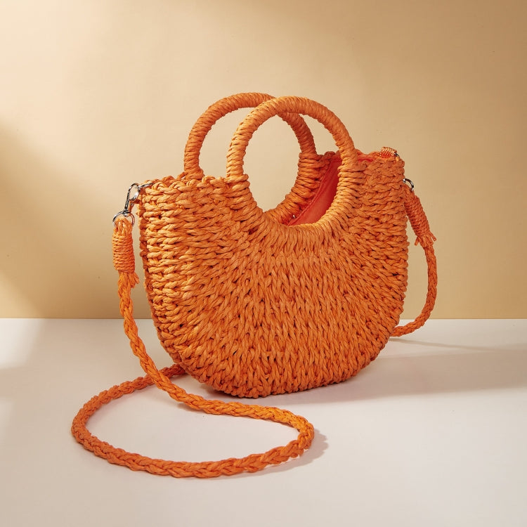 Half-moon Shape Straw Tote Bag Cross-body Woven Beach Single-shoulder Bag, Camel, Beige, Rose Red, Orange Red, Pink, Green