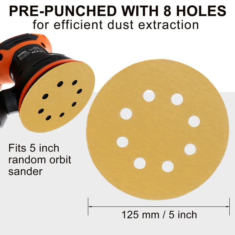 100pcs / Box 5 Inch 8 Holes Round Disc Sanding Sandpaper 125mm Yellow Sand Flocking Sheet, P60, P80, P100, P120, P150, P180, P220, P320, P400, P600, P800