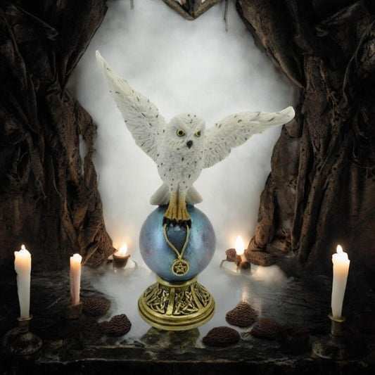 Mystical Snowy Owl on Crystal Ball Statue - Fantasy Decor - Resin Art Sculpture