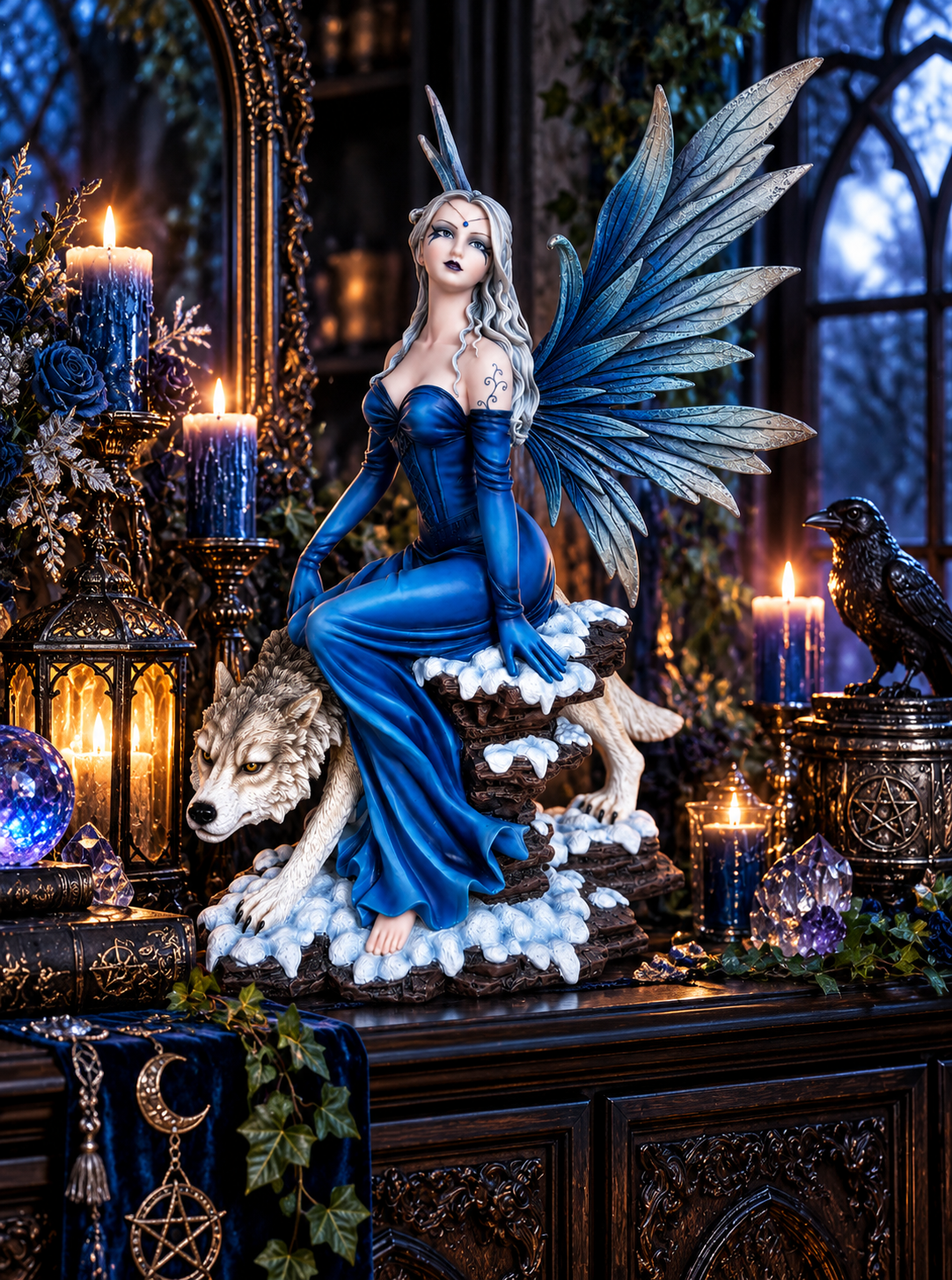Midnight Blue Gothic Fairy Wolf Statue 50cm Fantasy Figurine Ornament Decor