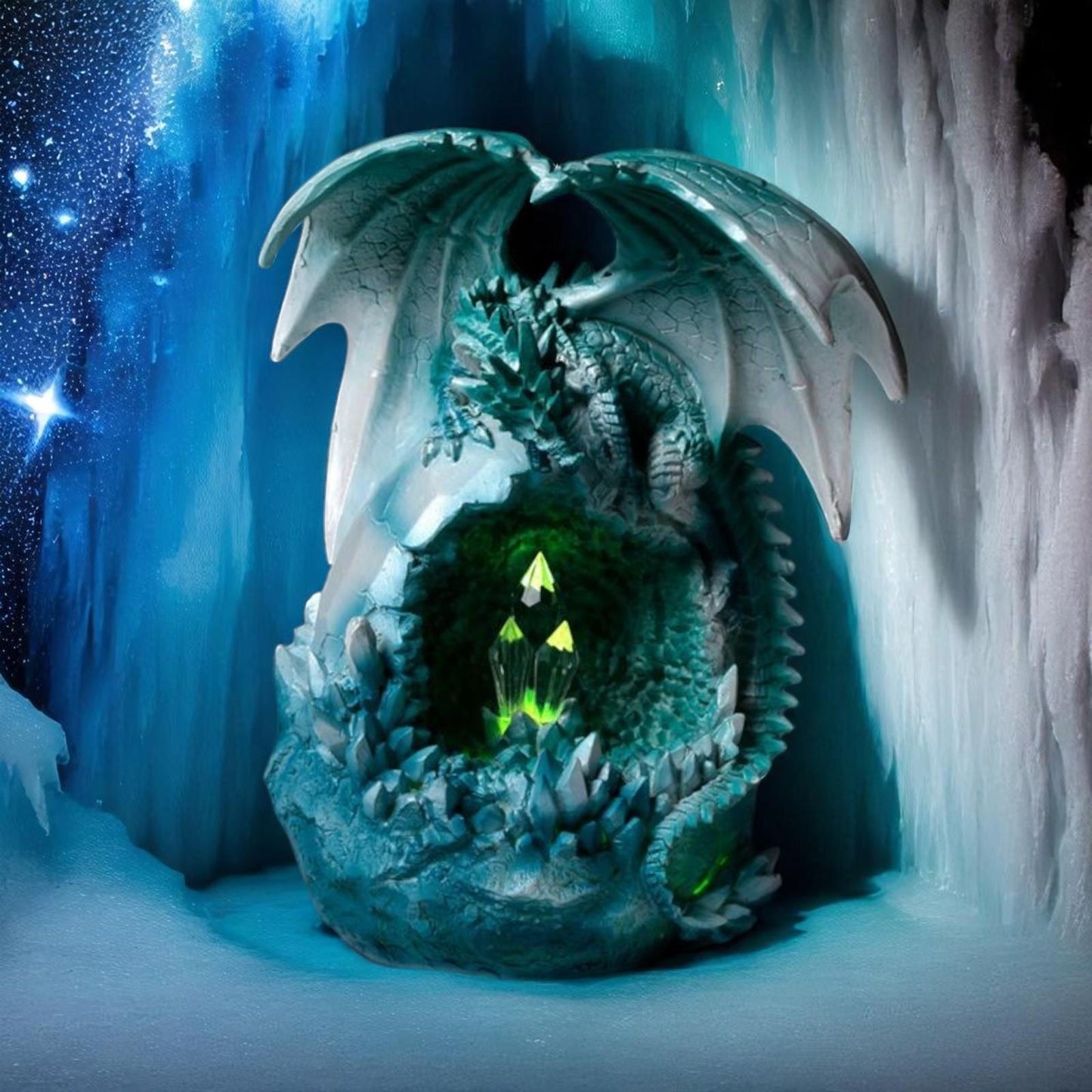 Blue Ice Dragon with LED Crystal | Fantasy Mythical Creature Ornament | Gothic Resin Sculpture
