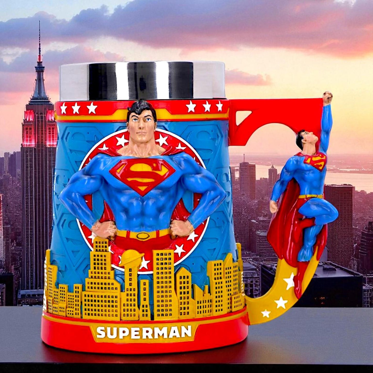 Superman Tankard Official DC Comics Mug Man of Steel Cup with City Skyline
