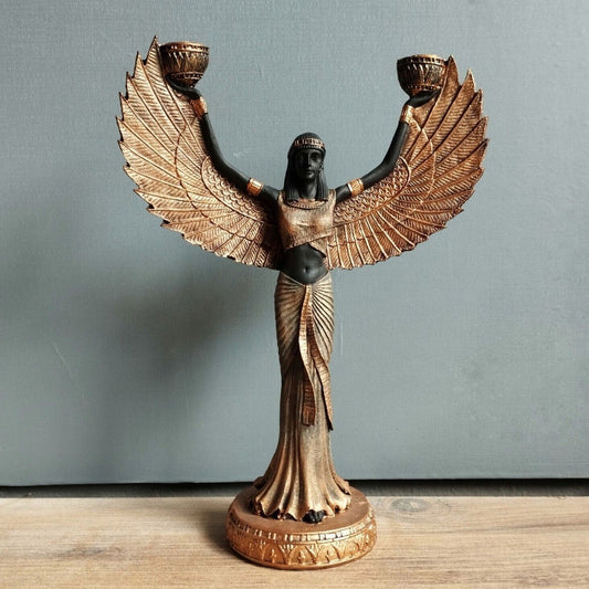 Egyptian Goddess Candle Holder - Winged Isis Statue, Antique Bronze Finish, Elegant Home Decor for Spiritual and Mystical Ambiance