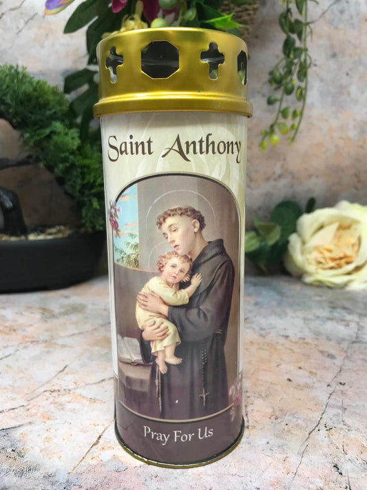 Saint Anthony Grave Candle Windproof Cap Prayer on Reverse Religious Graveside