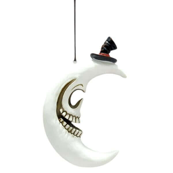 Skull Crescent Moon Hanging Ornament | Gothic Décor | Resin Skeleton Crescent Moon Decoration for Halloween & Occult Lovers – 23.5x15cm