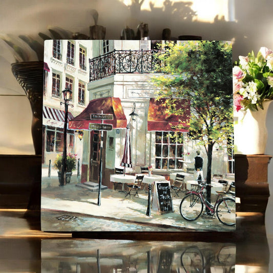 THE CREPE HOUSE Ceramic Art Tile by Brent Heighton – 20x20 cm Wall Art, Ready to Hang – Parisian Café Scene-Osiris Craftworks