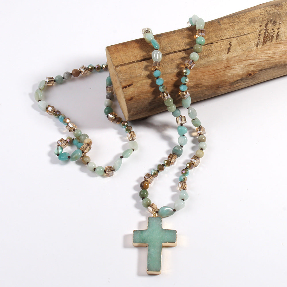 Fashion Bohemian Style Natural Stone Mixed Glass Cross Sweater Chain