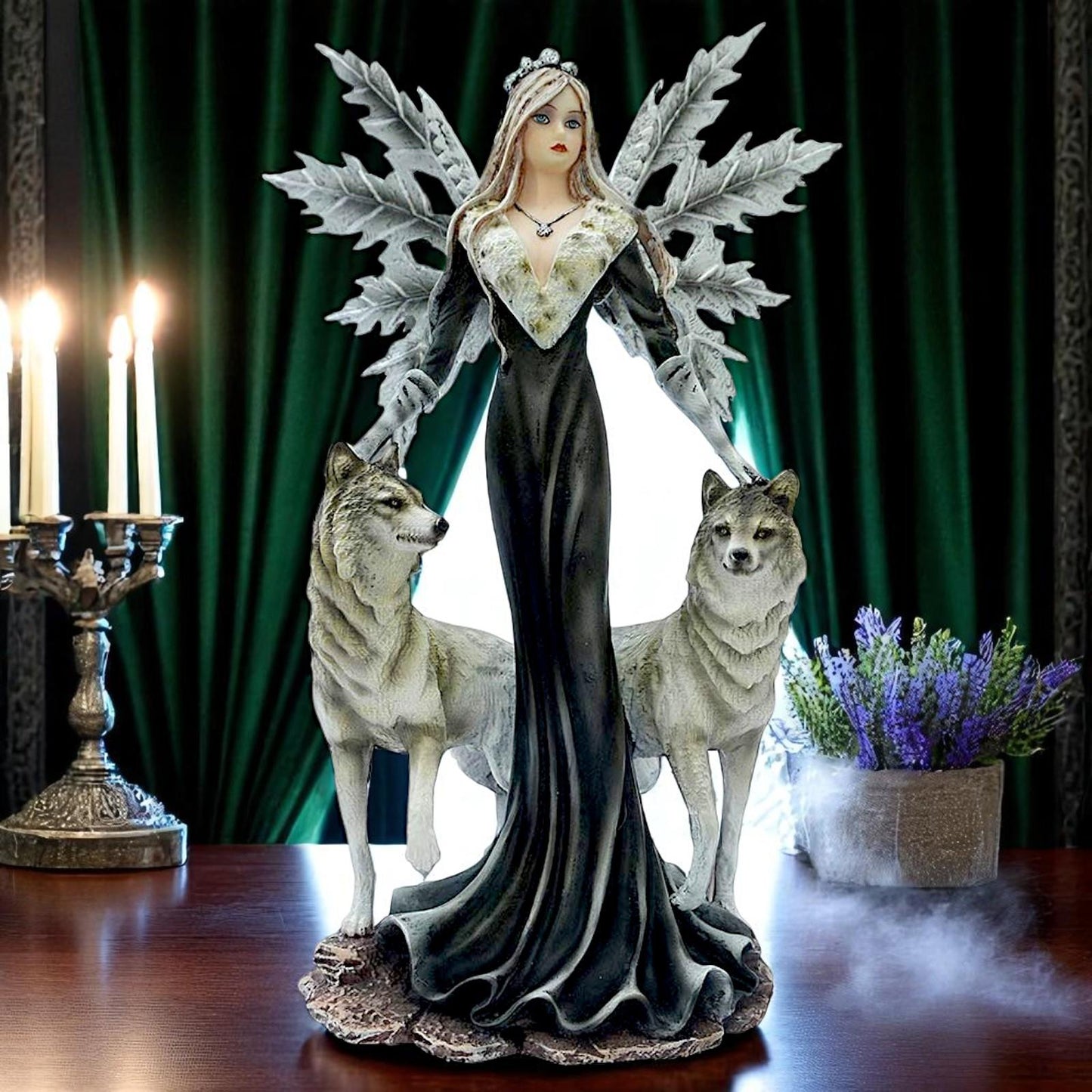 Mystical Wolf Guardian Figurine Gothic Forest Queen Dark Fantasy Magical Statue