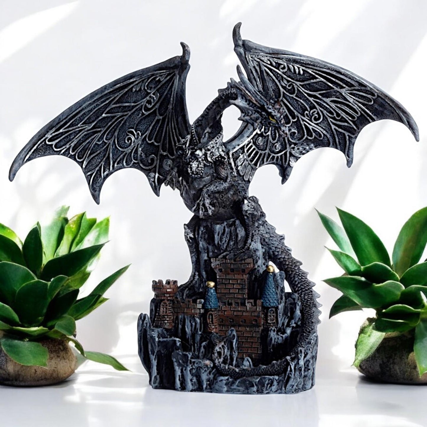 Castle Protector Dragon Statue - Magic Silver Fantasy Ornament Decor